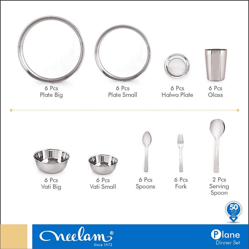 Neelam Neelam Stainless Steel Combo of 24 Gauge Premium Dinner Set of 50 pcs with 22 Gauge Flat Bottom Tope 1950 ml | Durable, Trusted Quality, Ideal Gifting on Special Occasions Like Anniversary, Wedding. - Image 4