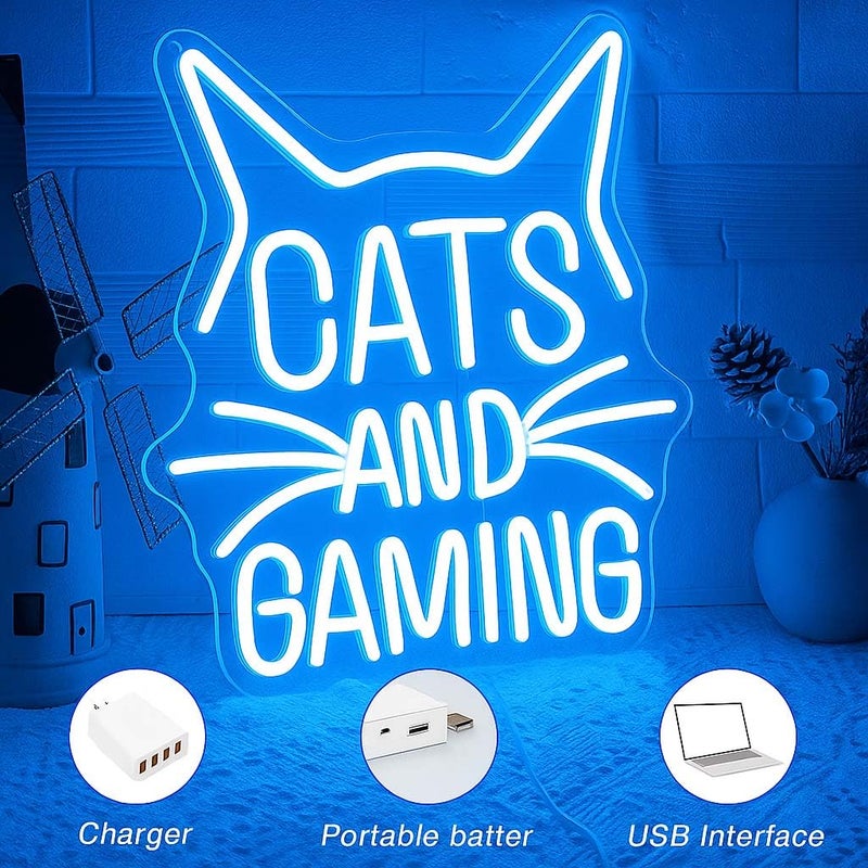 Horoof Home Cats and Gaming Neon LED Wall Light - 33 x 30.7 cm Acrylic Sign for Gamers and Cat Lovers - Image 1