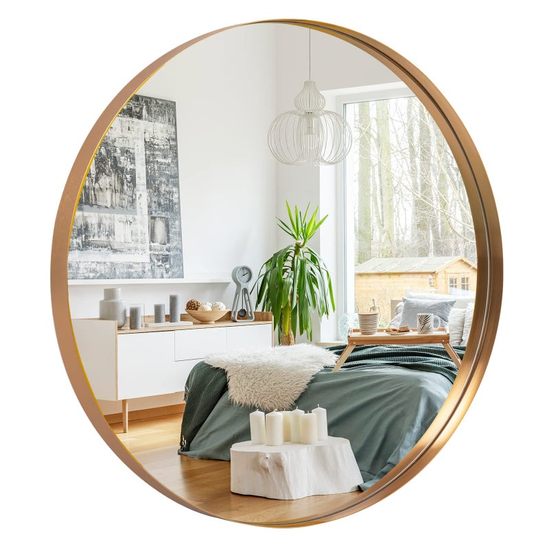 NeuType Round Mirror Circle Mirror 32 Inch Aluminum Alloy Frame Wall Mirror Large Vanity Hanging Decorative Mirrors for Entryway Bathroom Bedroom Living Room Golden Recessed