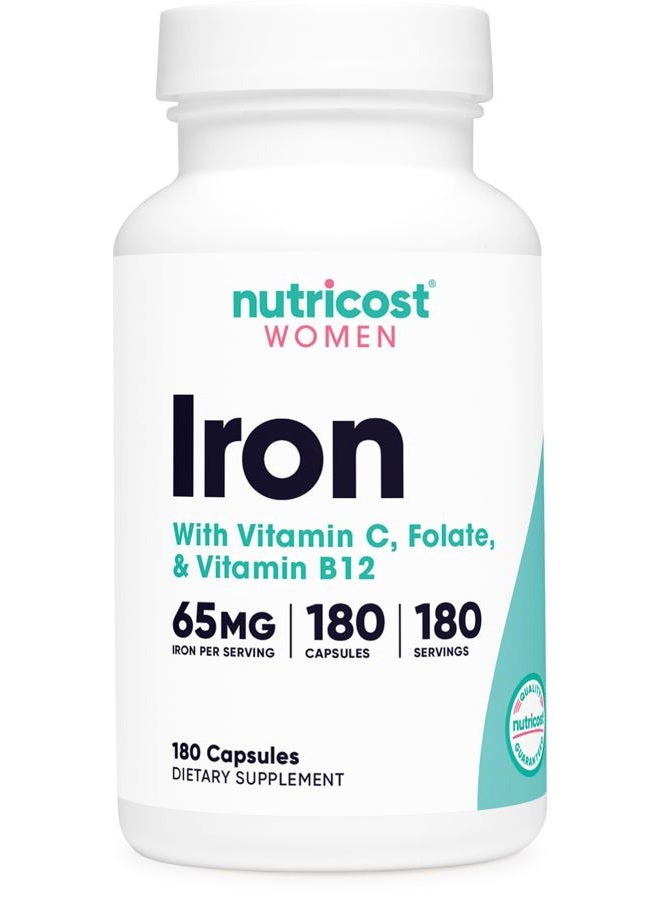Nutricost حديد للنساء 65 ملغ، 180 كبسولة، مع فيتامين سي، حمض الفوليك، وفيتامين ب12 - مناسب للنباتيين، غير معدّل وراثيًا، خالي من الغلوتين - Image 1