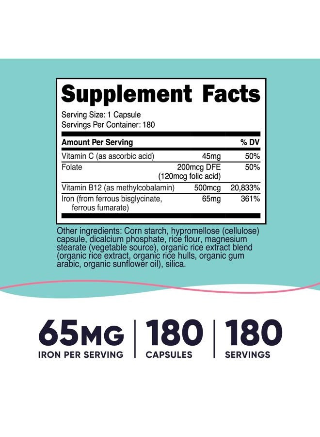 Nutricost حديد للنساء 65 ملغ، 180 كبسولة، مع فيتامين سي، حمض الفوليك، وفيتامين ب12 - مناسب للنباتيين، غير معدّل وراثيًا، خالي من الغلوتين - Image 2