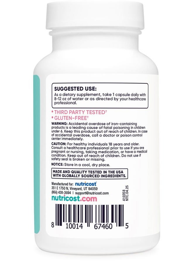 Nutricost حديد للنساء 65 ملغ، 180 كبسولة، مع فيتامين سي، حمض الفوليك، وفيتامين ب12 - مناسب للنباتيين، غير معدّل وراثيًا، خالي من الغلوتين - Image 4