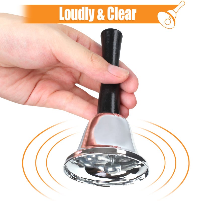 Joyberg 2 Pack Hand Bell, Silver Steel Bell, Ringing Bell with Handle, Dinner Bells for Inside Classroom Bell, for Food Line, Alarm, Jingles, Ringing (Silver) - Image 5