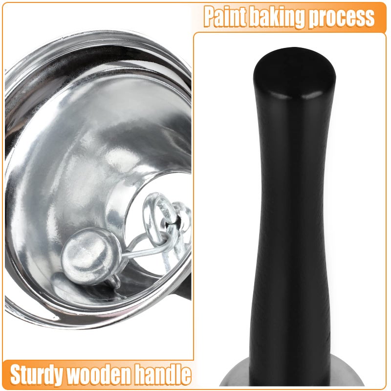 Joyberg 2 Pack Hand Bell, Silver Steel Bell, Ringing Bell with Handle, Dinner Bells for Inside Classroom Bell, for Food Line, Alarm, Jingles, Ringing (Silver) - Image 4