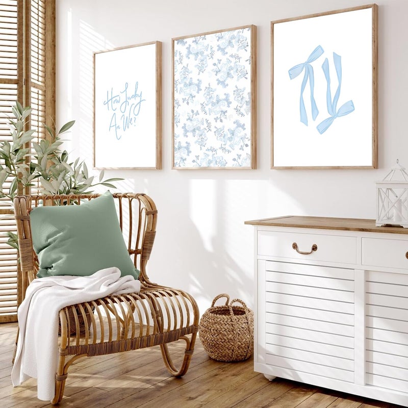 CENDAP Blue Floral Bow Wall Art Watercolor Trendy Preppy Paintings Prints Posters How Lucky Are We Canvas Wall Decor for Coastal Apartment Bedroom Living Room Gallery Home Decor 12x16inx3 Unframed - Image 2