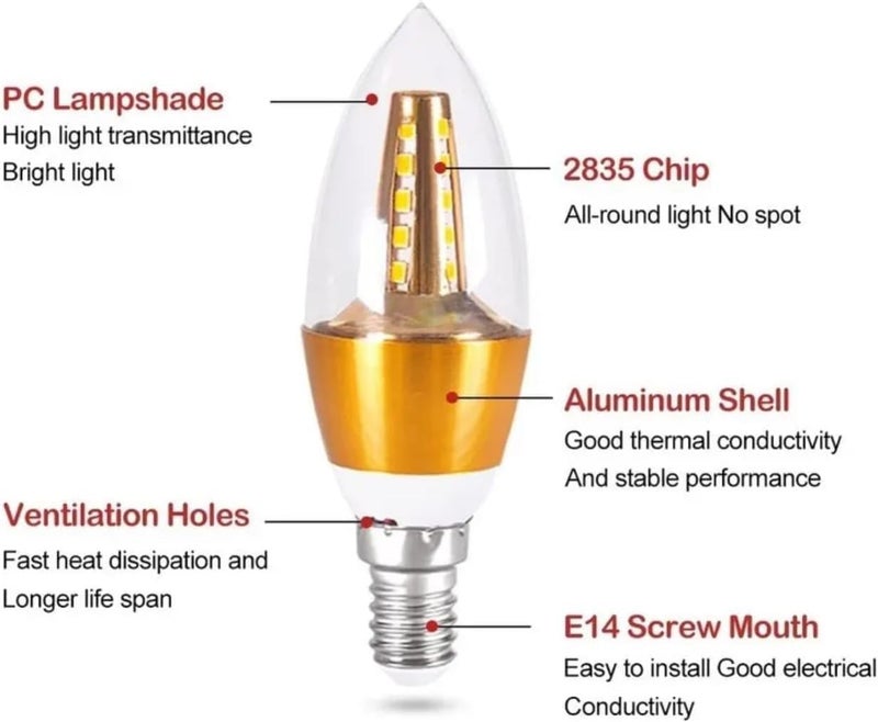 مصباح LED على شكل شمعة 5 واط، قاعدة E14، تصميم طرف لهب زخرفي، أبيض دافئ 3000 كيلفن، مصباح LED موفر للطاقة للثريات، التركيبات السقفية، والمصابيح الجدارية - تشطيب ذهبي (5 عبوات) - Image 3