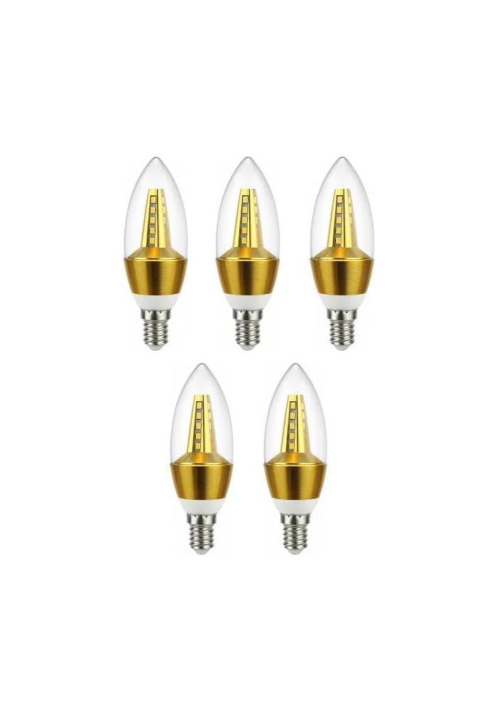 مصباح LED على شكل شمعة 5 واط، قاعدة E14، تصميم طرف لهب زخرفي، أبيض دافئ 3000 كيلفن، مصباح LED موفر للطاقة للثريات، التركيبات السقفية، والمصابيح الجدارية - تشطيب ذهبي (5 عبوات) - Image 1