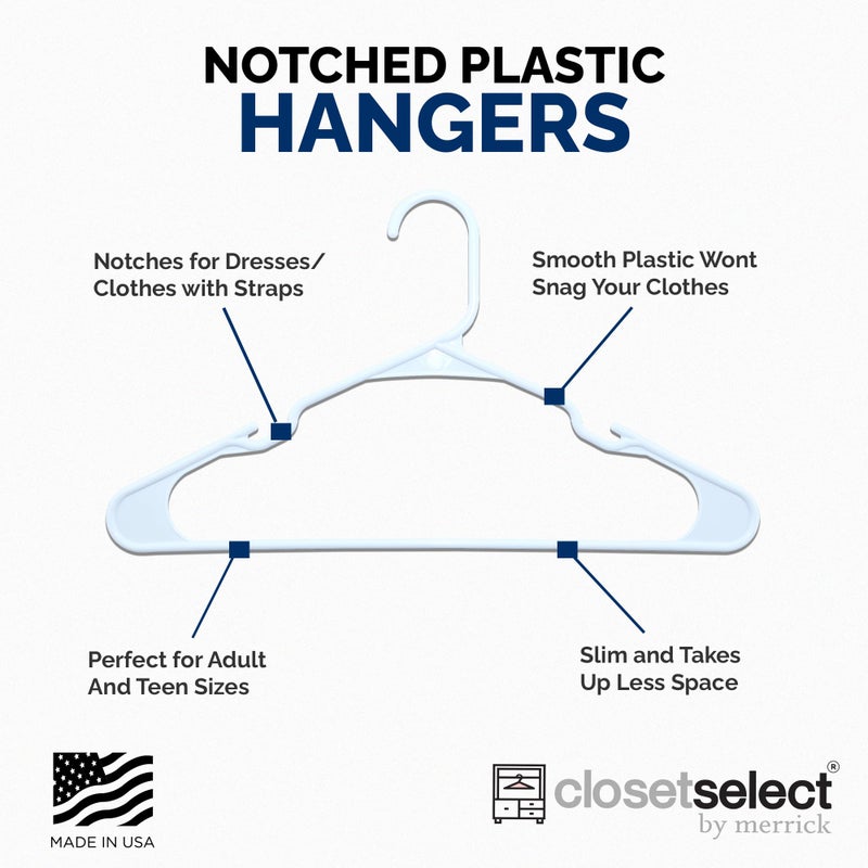 closetselect Plastic Hangers 50 Pack, Strong Space Saving Clothes Hanger, Made in USA, Perfect Shirt or Coat Plastic Hanger, with Shoulder Grooves, White, Notched - Image 5
