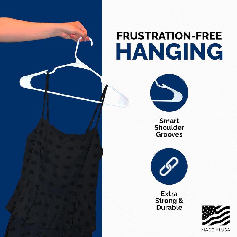 closetselect Plastic Hangers 50 Pack, Strong Space Saving Clothes Hanger, Made in USA, Perfect Shirt or Coat Plastic Hanger, with Shoulder Grooves, White, Notched - Image 4