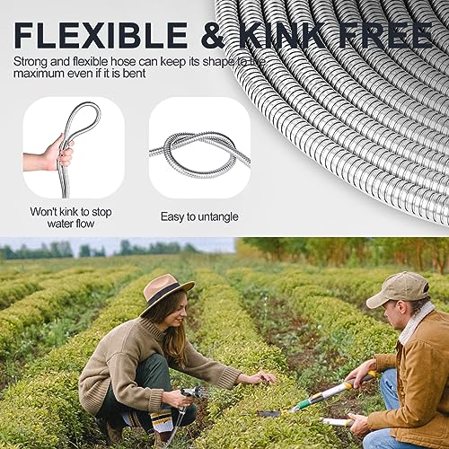 SPECILITE 25ft 304 Stainless Steel Garden Hose Metal, Heavy Duty Water Pipe with Nozzles for Yard, Outdoor - Flexible, Never Kink & Tangle, Puncture Resistant (Sliver) - Image 4
