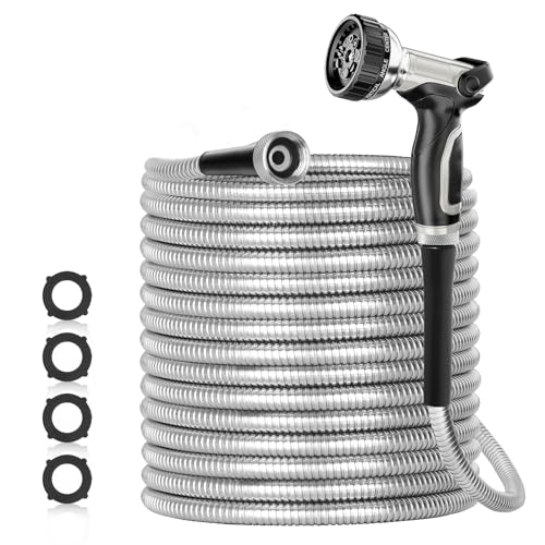 SPECILITE 25ft 304 Stainless Steel Garden Hose Metal, Heavy Duty Water Pipe with Nozzles for Yard, Outdoor - Flexible, Never Kink & Tangle, Puncture Resistant (Sliver) - Image 1