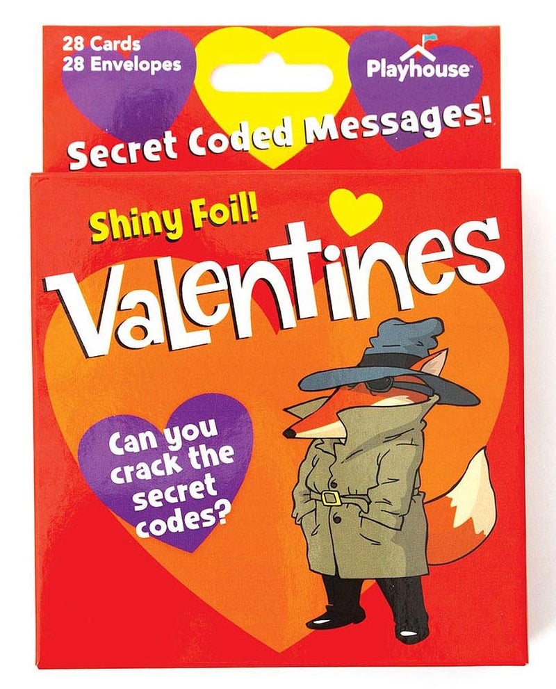 Playhouse Secret Codes Shiny Foil 28 Card Valentine Exchange Box with Envelopes for Kids - Image 1
