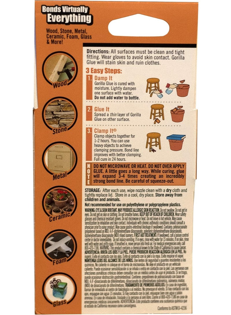Gorilla Glue Gorilla Original Gorilla Glue, Waterproof Polyurethane Glue, 2 Ounce Bottle, Brown, Multicolor, 50003, 500028 - Image 3