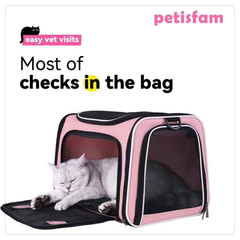 petisfam حاملة الحيوانات الأليفة الناعمة من بيتيسفام للقطط المتوسطة والكلاب الصغيرة مع سرير مريح، 3 أبواب، مدخل علوي | معتمدة من شركات الطيران، مقاومة للهروب، قابلة للتنفس، مقاومة للتسرب، سهلة التخزين (وردي) - Image 4