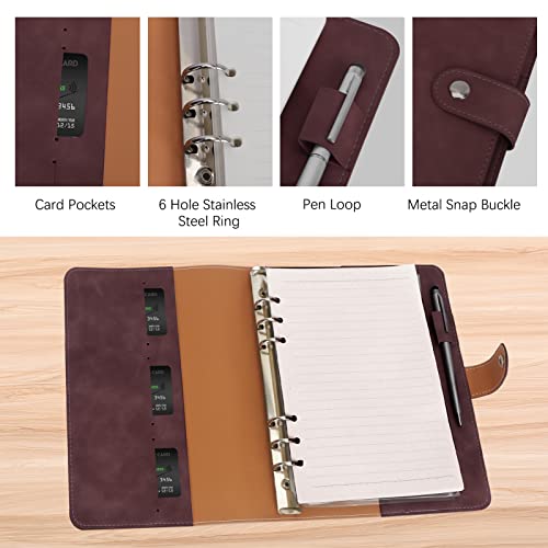 FYY A5 Binder Refillable Planner Notebook 6 Ring PU Leather Binder Journal with Pockets, Dividers, Refill Paper Dark Brown - Image 3