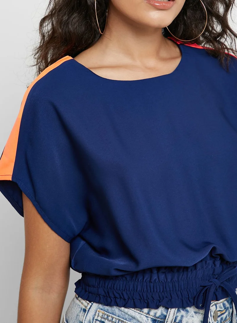 Ginger Contrast Sleeve Drawstring Hem Top