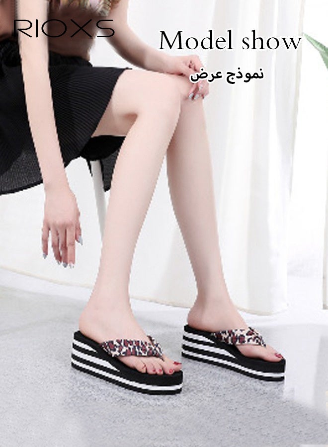 ريوكس فلوبس فليب النساء، صنادل مريحة غير عادية، أحذية ثونغ الشاطئ للنساء، 6.5 سم عالية المنصة فليب فلوب، السيدات الأزياء النعال الودج، غير زلاجات صنادل خفيفة الوزن لداخل الهواء الطلق، النمر البني فليب فلوب - Image 2