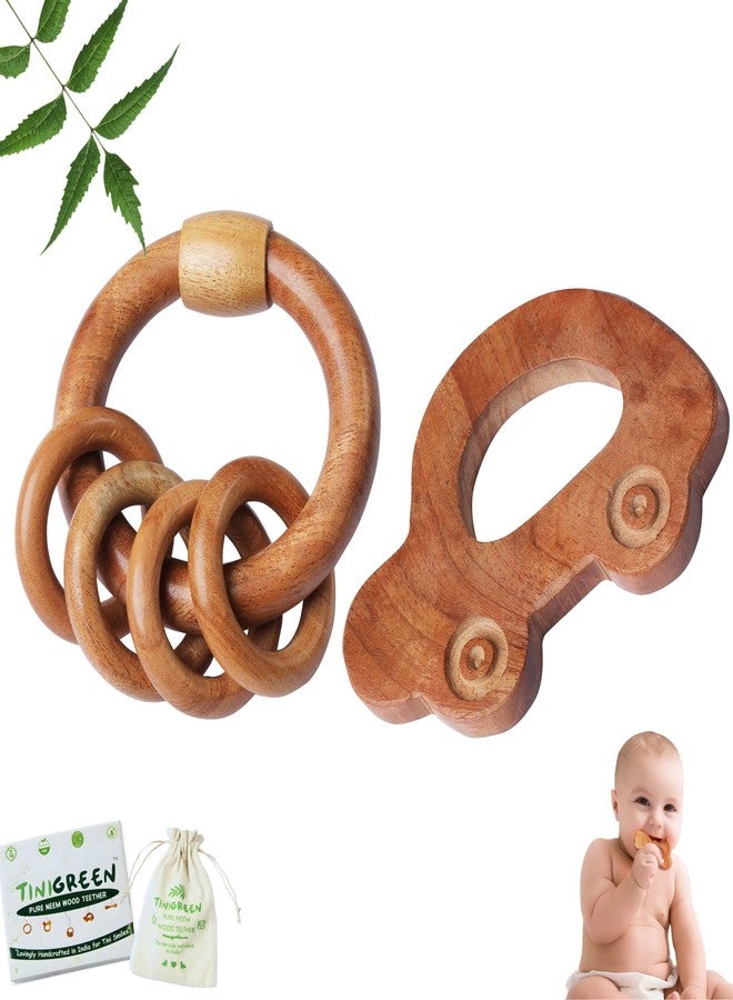 TINIGREEN Neem Wooden Baby Teether Natural Neem Wood Teething Toy for Infants 3–12 Months Chemical-Free, Handcrafted Baby Teether (Pack of 2) (CAR-Rattle) - Image 1