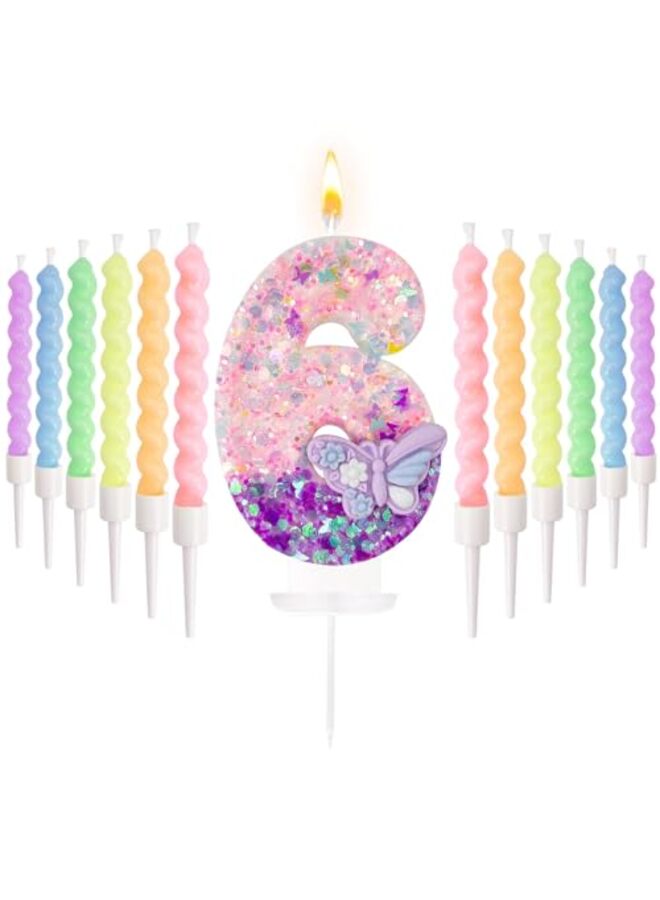 Number 6 Birthday Candles with Purple Butterfly & 12Pcs Rainbow Macaron Spiral Candles for Girls - Pink Sequins Birthday Candles for Cake, Candle Party Decorations - Image 1