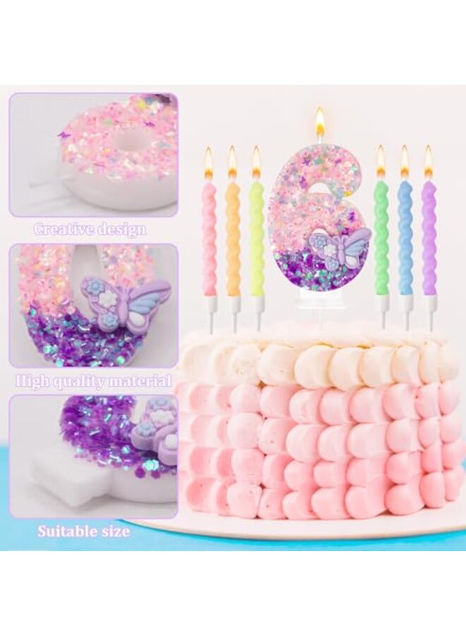 Number 6 Birthday Candles with Purple Butterfly & 12Pcs Rainbow Macaron Spiral Candles for Girls - Pink Sequins Birthday Candles for Cake, Candle Party Decorations - Image 2