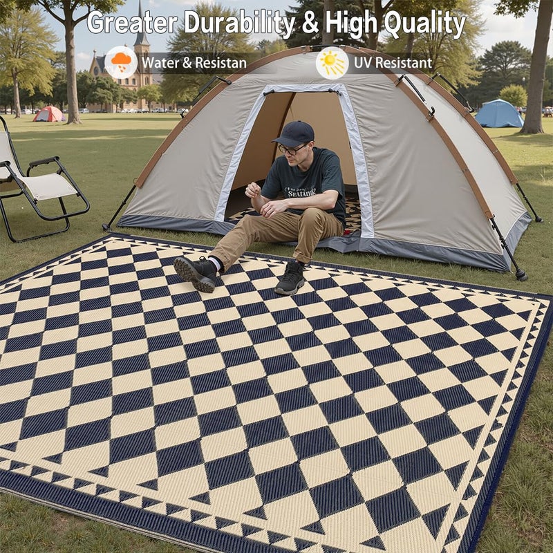 HUGEAR Outdoor Rug for Patios Clearance,Waterproof Mat,Large Outside Carpet,Reversible Plastic Straw Camping Rugs,Rv,Porch,Deck,Camper,Balcony,Backyard (6x9,Checkered/Black&Beige) - Image 4