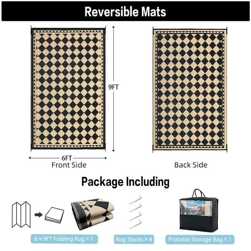 HUGEAR Outdoor Rug for Patios Clearance,Waterproof Mat,Large Outside Carpet,Reversible Plastic Straw Camping Rugs,Rv,Porch,Deck,Camper,Balcony,Backyard (6x9,Checkered/Black&Beige) - Image 2