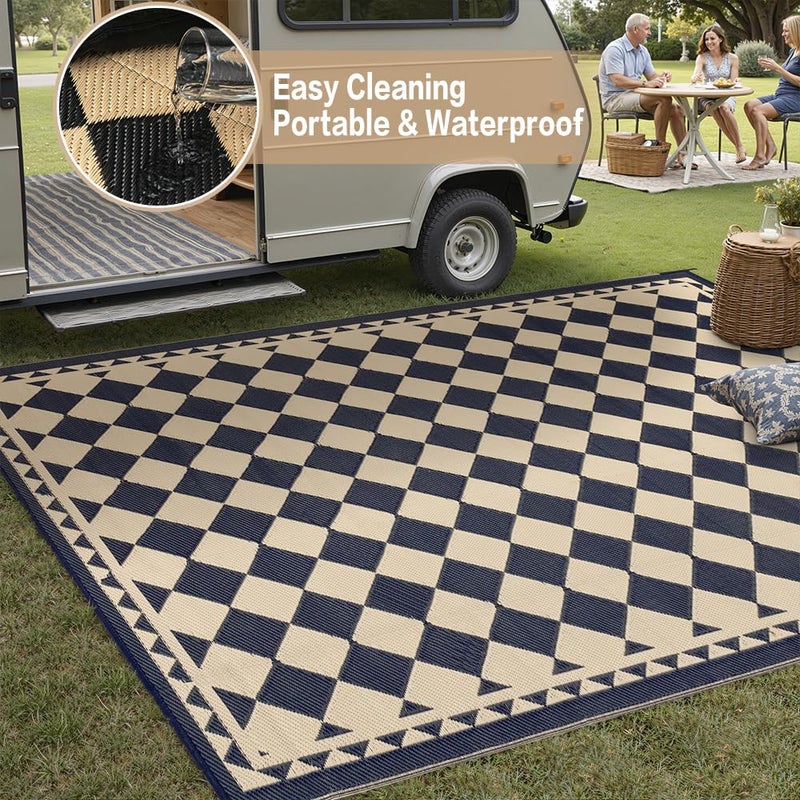 HUGEAR Outdoor Rug for Patios Clearance,Waterproof Mat,Large Outside Carpet,Reversible Plastic Straw Camping Rugs,Rv,Porch,Deck,Camper,Balcony,Backyard (6x9,Checkered/Black&Beige) - Image 5