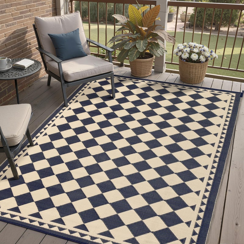 HUGEAR Outdoor Rug for Patios Clearance,Waterproof Mat,Large Outside Carpet,Reversible Plastic Straw Camping Rugs,Rv,Porch,Deck,Camper,Balcony,Backyard (6x9,Checkered/Black&Beige) - Image 1