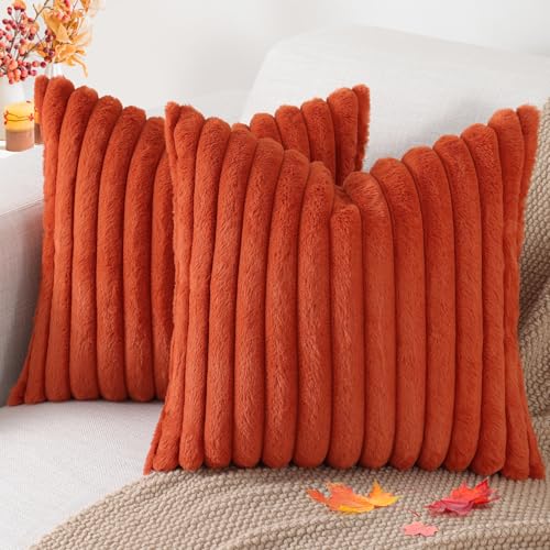 Pallene Faux Fur Plush Fall Throw Pillow Covers 18x18 Set of 2 Luxury Soft Fluffy Striped Decorative Pillow Covers for Sofa Couch Living Room Rust - Image 1
