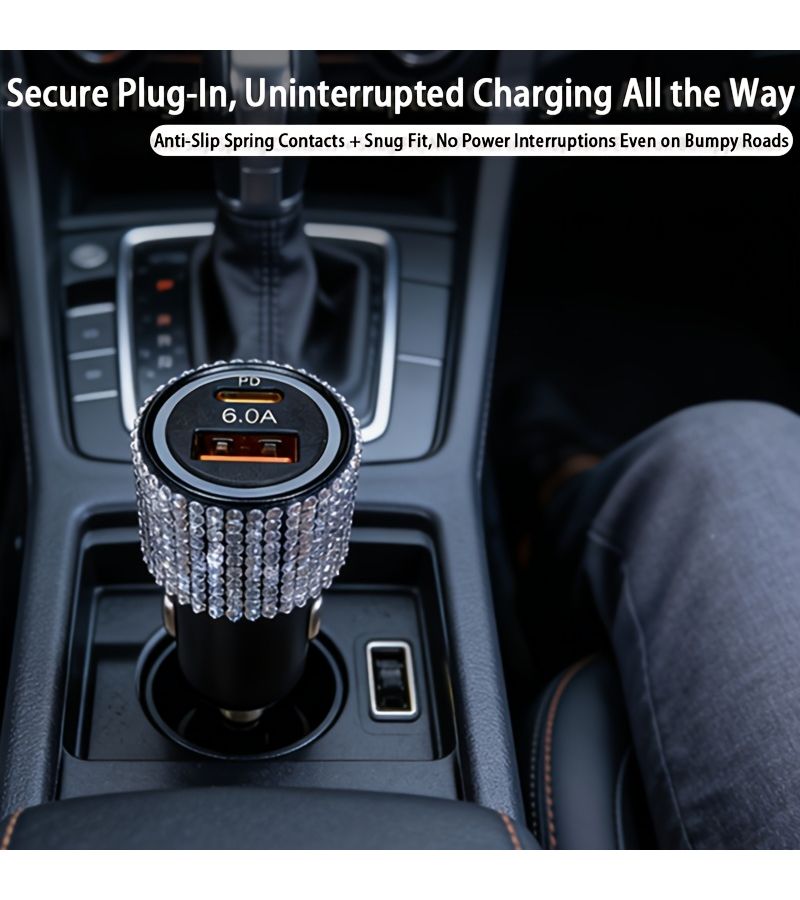 Car Fast Charger With PD Protocol 6.0A Output Pink Color Rhinestone Accents Dual Ports For Simultaneous Charging Stable And Efficient No Power Interruption - Image 3