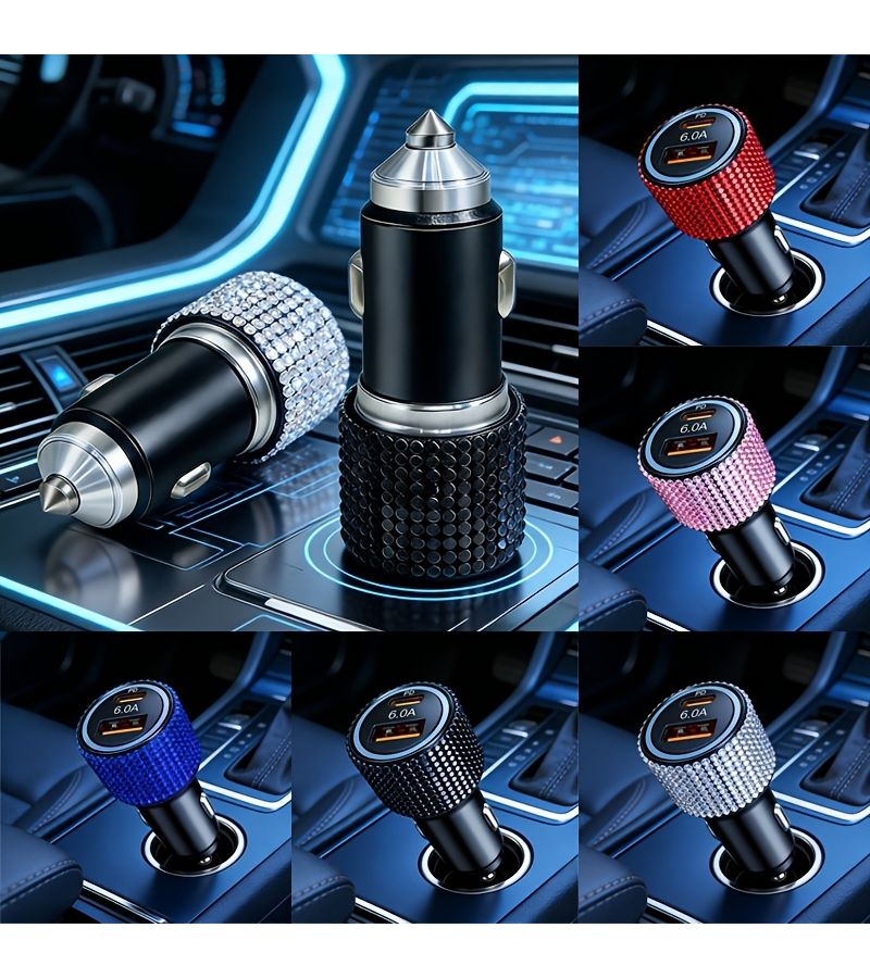 Car Fast Charger With PD Protocol 6.0A Output Pink Color Rhinestone Accents Dual Ports For Simultaneous Charging Stable And Efficient No Power Interruption - Image 1