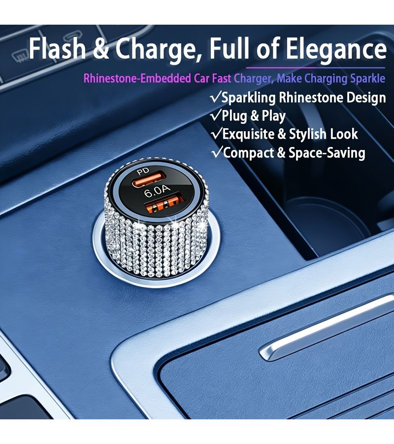 Car Fast Charger With PD Protocol 6.0A Output Pink Color Rhinestone Accents Dual Ports For Simultaneous Charging Stable And Efficient No Power Interruption - Image 5