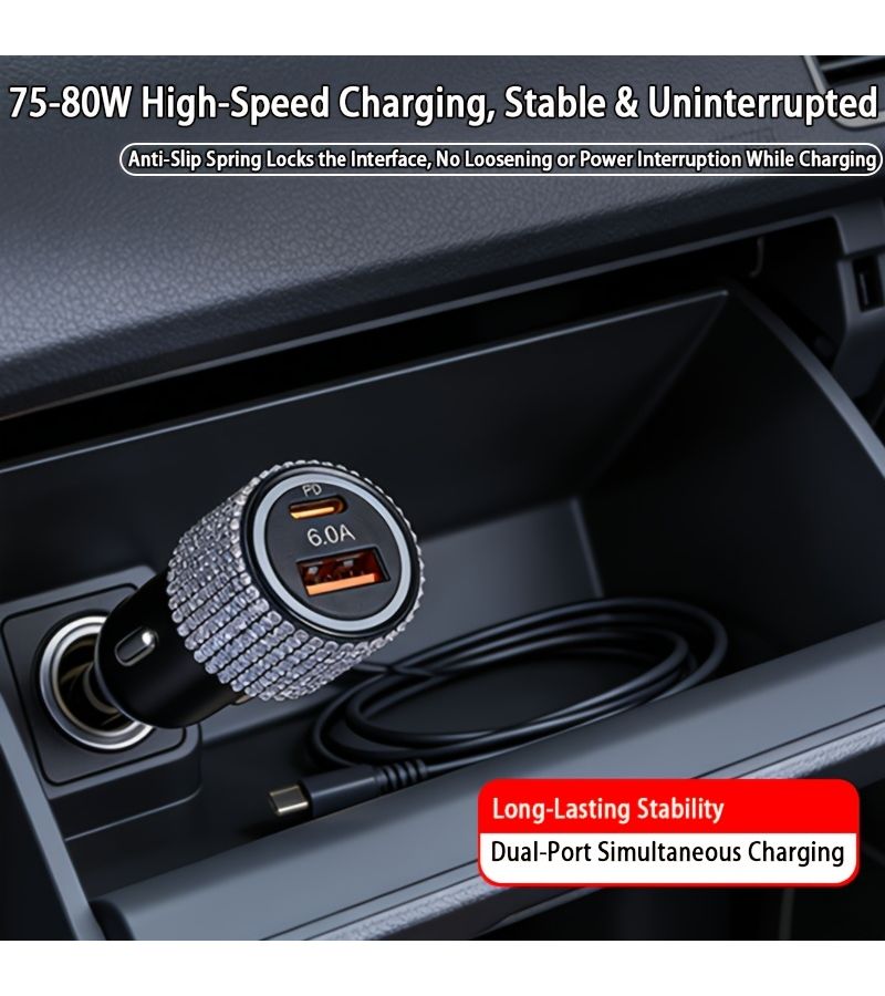 Car Fast Charger With PD Protocol 6.0A Output Pink Color Rhinestone Accents Dual Ports For Simultaneous Charging Stable And Efficient No Power Interruption - Image 2