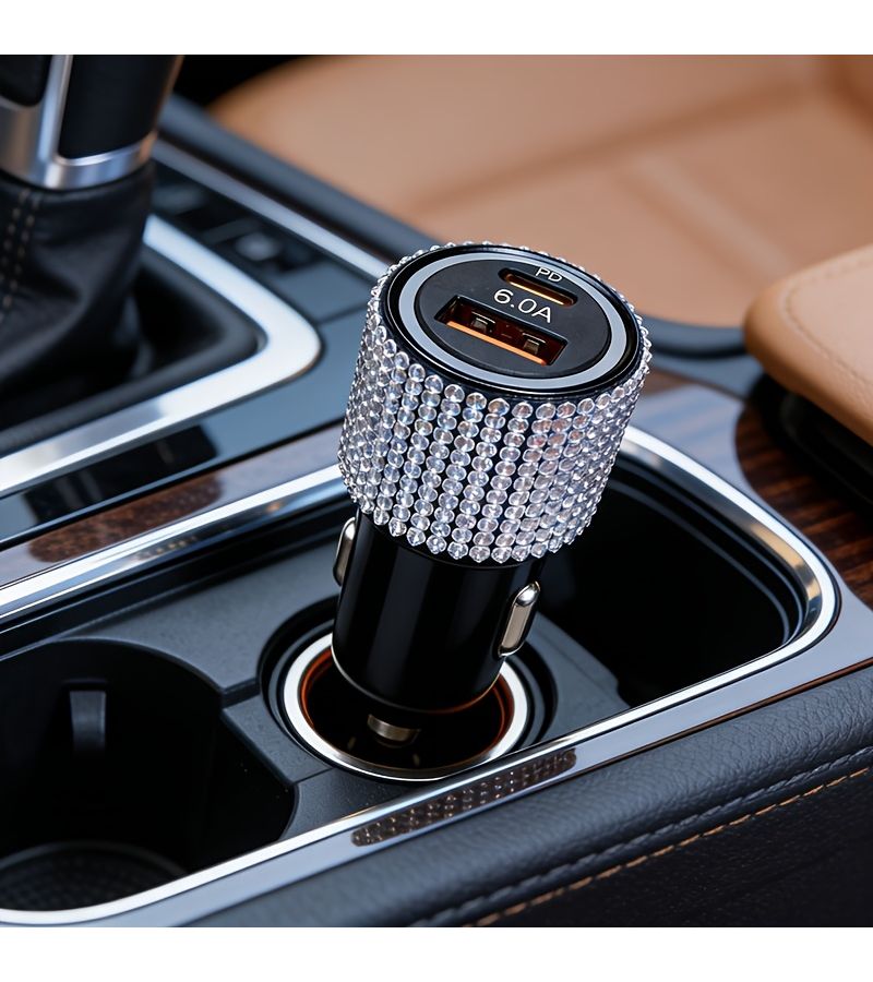 Car Fast Charger With PD Protocol 6.0A Output Pink Color Rhinestone Accents Dual Ports For Simultaneous Charging Stable And Efficient No Power Interruption - Image 4