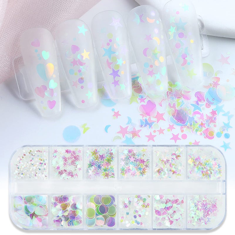 Onsdag Nail Art Glitter Sequins, 3D Clear Iridescent Ultra-Thin Nail Art Glitter Flakes Designs, Mermaid Love Heart Butterfly Star Moon Round Shapes Nail Glitter Slices for Women Manicure Charms Decorations - Image 1