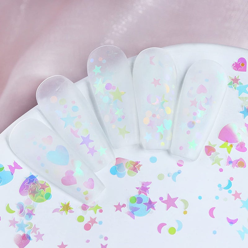 Onsdag Nail Art Glitter Sequins, 3D Clear Iridescent Ultra-Thin Nail Art Glitter Flakes Designs, Mermaid Love Heart Butterfly Star Moon Round Shapes Nail Glitter Slices for Women Manicure Charms Decorations - Image 3