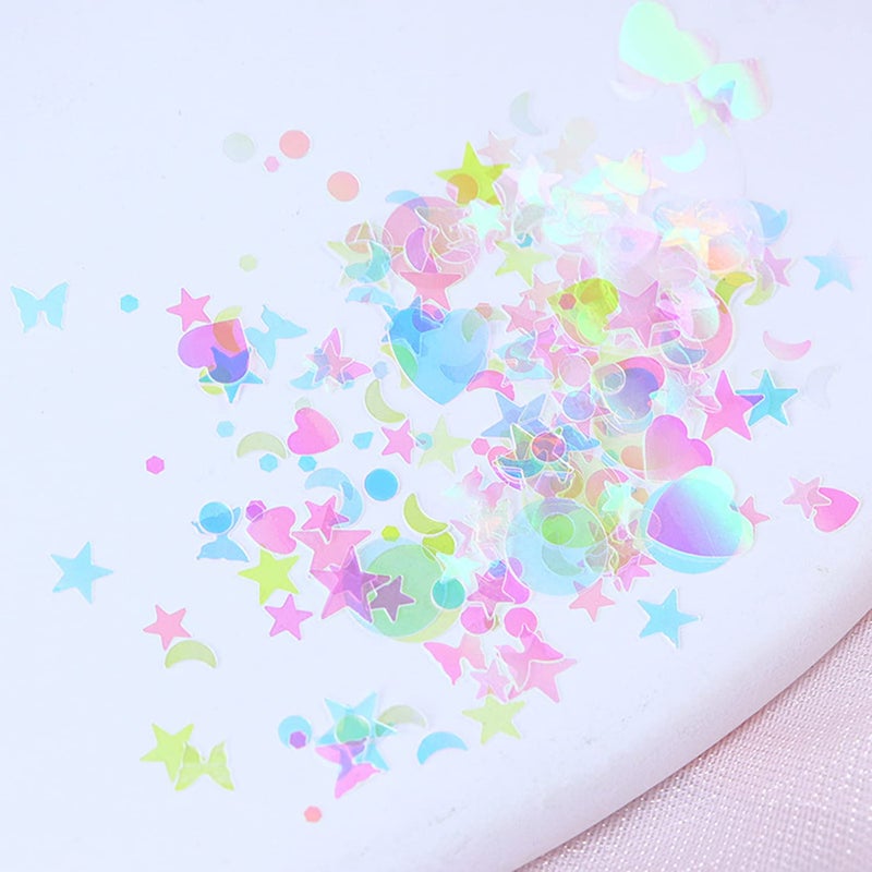 Onsdag Nail Art Glitter Sequins, 3D Clear Iridescent Ultra-Thin Nail Art Glitter Flakes Designs, Mermaid Love Heart Butterfly Star Moon Round Shapes Nail Glitter Slices for Women Manicure Charms Decorations - Image 2