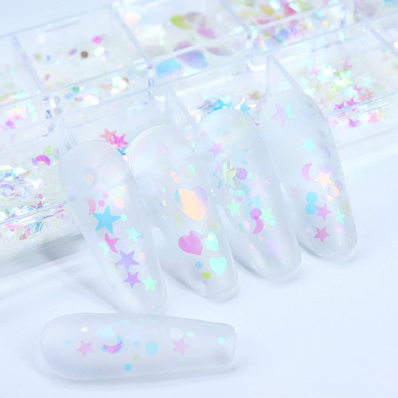 Onsdag Nail Art Glitter Sequins, 3D Clear Iridescent Ultra-Thin Nail Art Glitter Flakes Designs, Mermaid Love Heart Butterfly Star Moon Round Shapes Nail Glitter Slices for Women Manicure Charms Decorations - Image 4