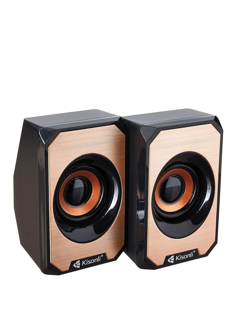 Kisonli Wired Multimedia Speaker for PC and Laptop – 3W / 2.0 Channel | Gold KS-04 - Image 1