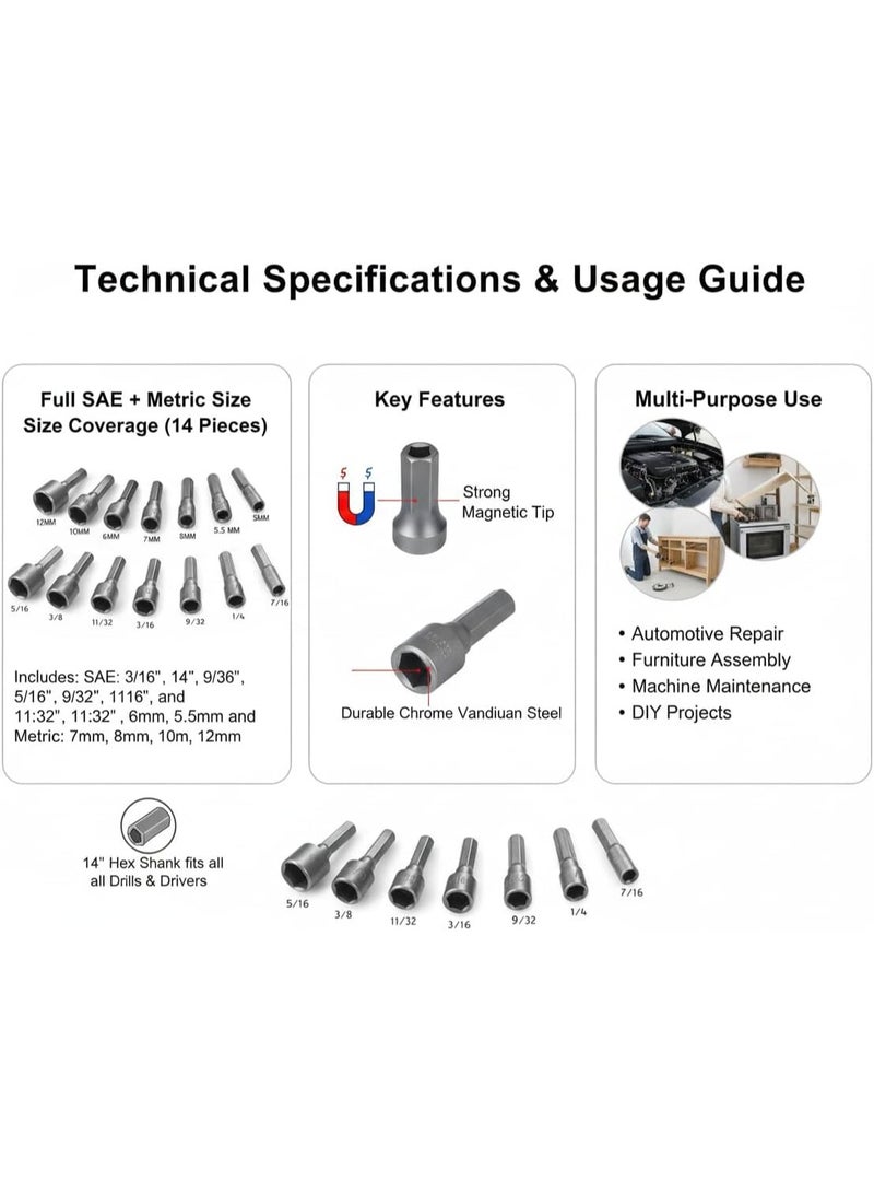 SPARK 14-Piece Nut Driver Bit Set (SAE & Metric) – 3/16"–7/16" and 5.5–12mm – Magnetic 1/4" Hex Shank Socket Set for Drill and Impact Driver – Chrome Vanadium Steel - Image 3