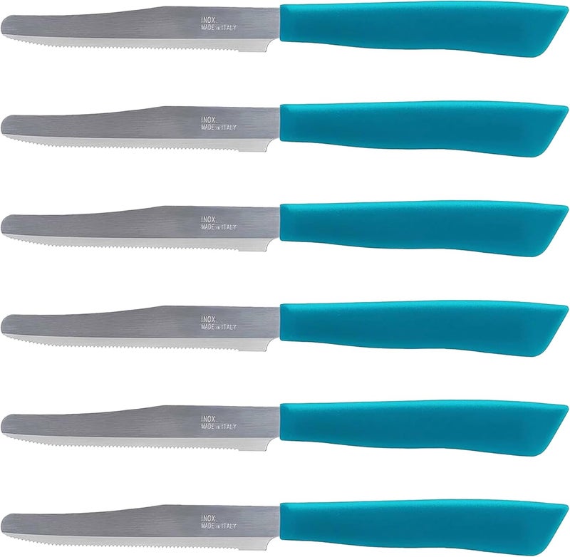Tredoni 6 kitchen Knives - 4.3"/11cm Italian Stainless Steel Serrated Vegetable/Steak/Table Knife Cutlery, Rounded Tip (Azure) - Image 1