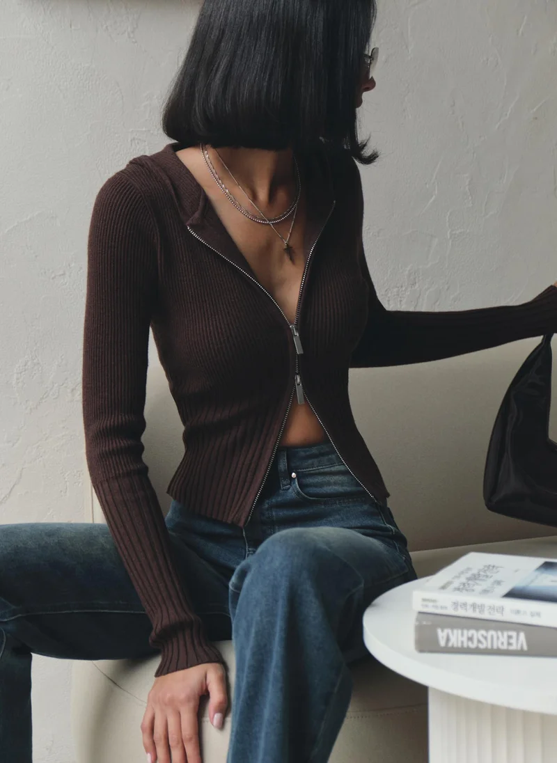Lichi  Rib-knit cardigan with zip fastening for Women | Best Price UAE