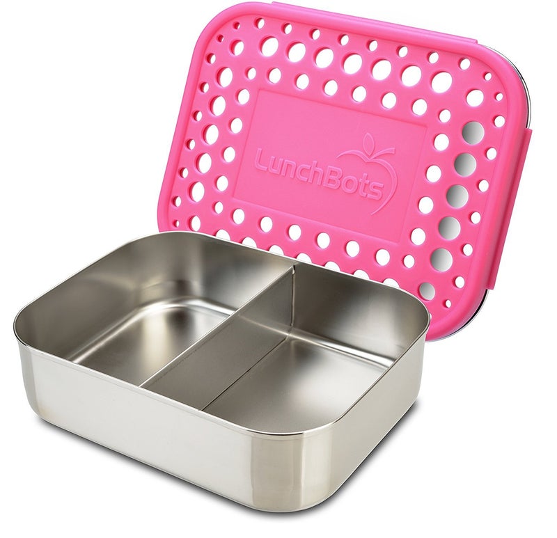 LunchBots Medium Duo Snack Container - Divided Stainless Steel Food Container - Two Sections for Half Sandwich and a Side - Eco-Friendly - Dishwasher Safe - Stainless Lid - Pink Dots - Image 1