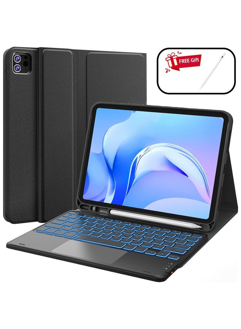 جراب لوحة مفاتيح عربي/إنجليزي للايباد Air 11 إنش (M3/M2، 2025/2024) و iPad Pro 11 إنش (الجيل 4/3/2/1) و iPad Air الجيل 5/4، إضاءة خلفية بـ 7 ألوان، لوحة تتبع متعددة اللمس، قناتان بلوتوث، قلم هدية بقيمة 50 ريال سعودي، لون أسود - Image 1