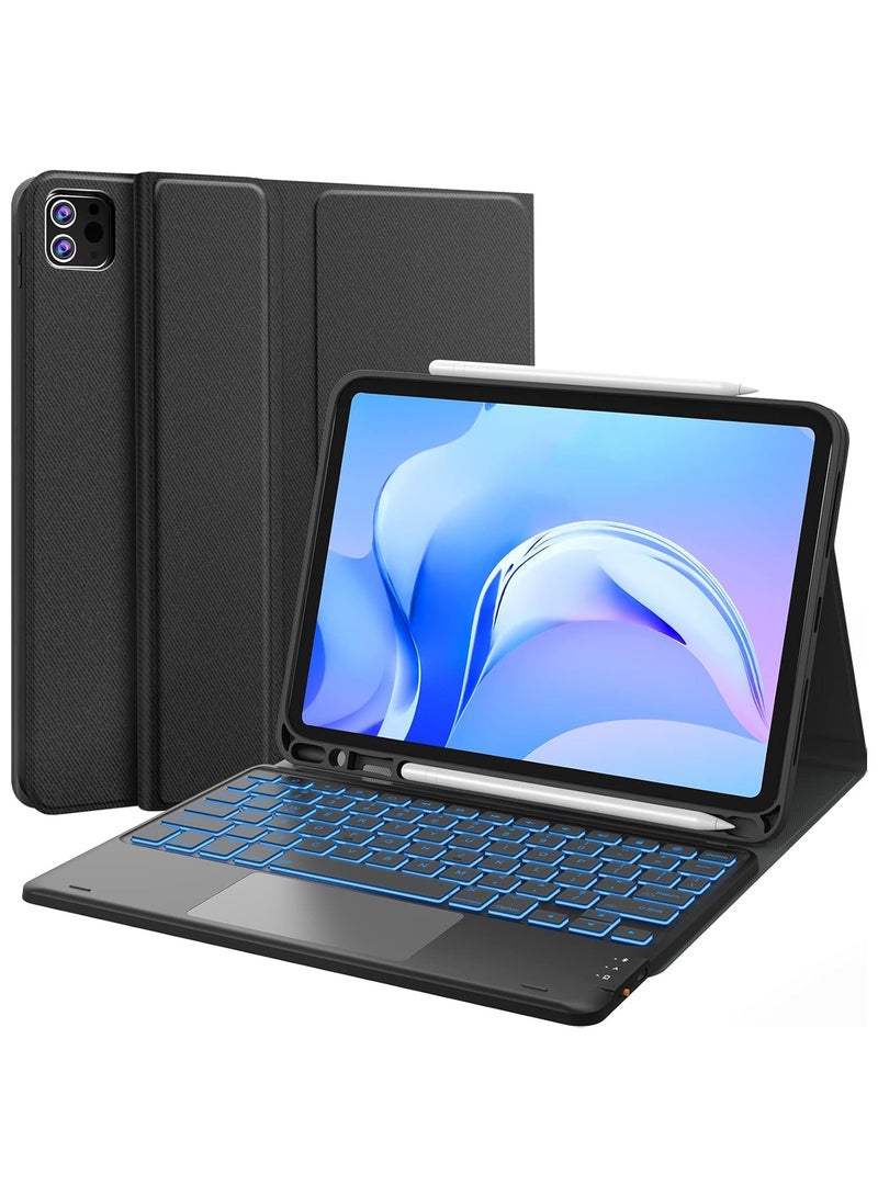 جراب لوحة مفاتيح عربي/إنجليزي للايباد Air 11 إنش (M3/M2، 2025/2024) و iPad Pro 11 إنش (الجيل 4/3/2/1) و iPad Air الجيل 5/4، إضاءة خلفية بـ 7 ألوان، لوحة تتبع متعددة اللمس، قناتان بلوتوث، قلم هدية بقيمة 50 ريال سعودي، لون أسود - Image 1