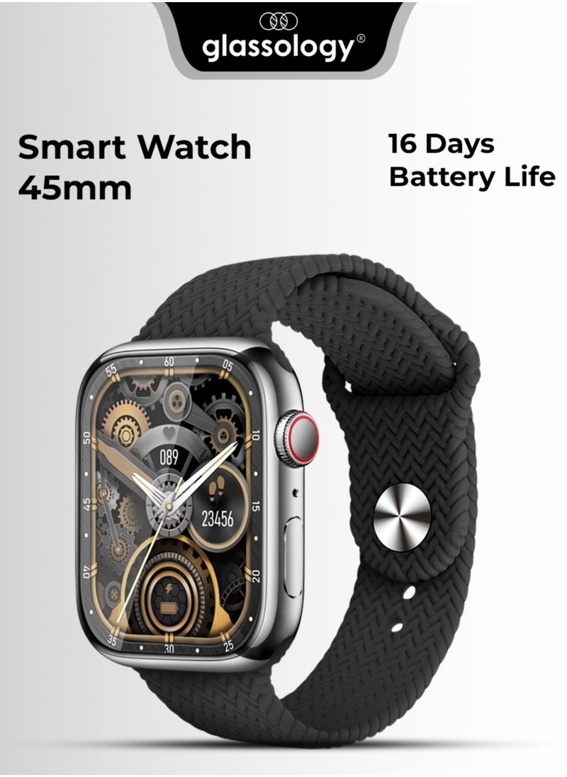 glassology Smart Watch 45mm Amoled Display 5ATM Water Resistant 16 Days Battery Life GPS Sport Mode, Heart Rate Monitor, Full Scale Fitness Tracking Black  - Image 1