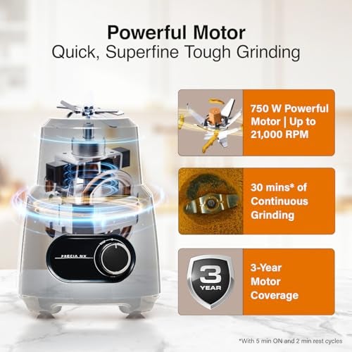 V-Guard Brillio 750 Watt Juicer Mixer Grinder, 3 Year Motor Coverage by V-Guard, 4 Jars(Chutney, Dry, Wet & Juicer), Sturdy Juicer Jar With Quadraflow Design, Precisionblend SS Blades | Mars Red - Image 3