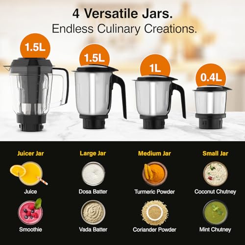 V-Guard Brillio 750 Watt Juicer Mixer Grinder, 3 Year Motor Coverage by V-Guard, 4 Jars(Chutney, Dry, Wet & Juicer), Sturdy Juicer Jar With Quadraflow Design, Precisionblend SS Blades | Mars Red - Image 5