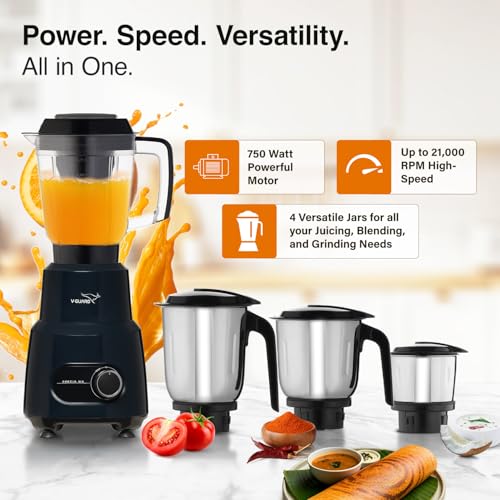 V-Guard Brillio 750 Watt Juicer Mixer Grinder, 3 Year Motor Coverage by V-Guard, 4 Jars(Chutney, Dry, Wet & Juicer), Sturdy Juicer Jar With Quadraflow Design, Precisionblend SS Blades | Mars Red - Image 2