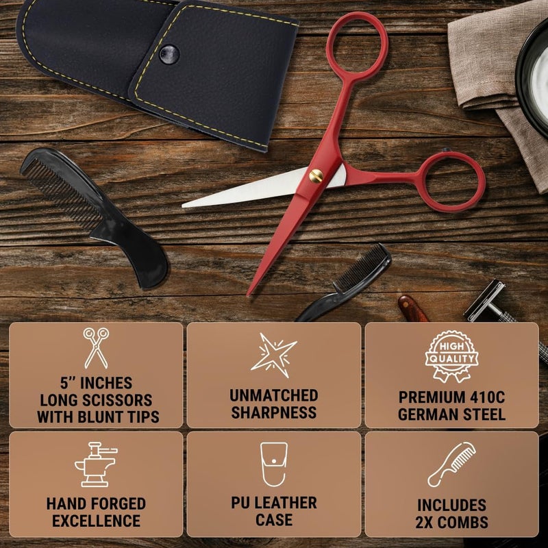 Ontaki 5" Beard Moustache Scissors Professional German Steel 2 Comb Carrying Pouch Mustache Trimming - Hand Forged Bevel Edge Precision Men Facial Hair Grooming Kit All Body Hair (True Red) - Image 5